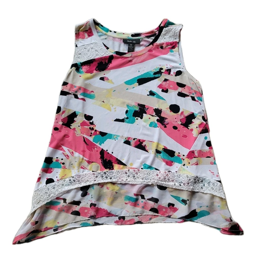 Style & Co Petite XL Abstract Paint Splatter Tunic with Diagonal Crochet Lace